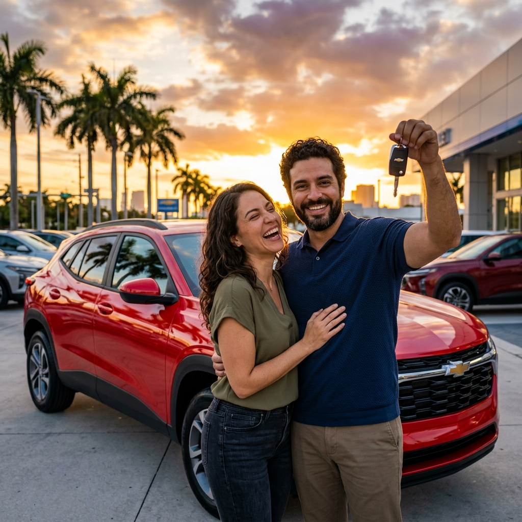 Happy couple with car keys at Caru Cars Miami